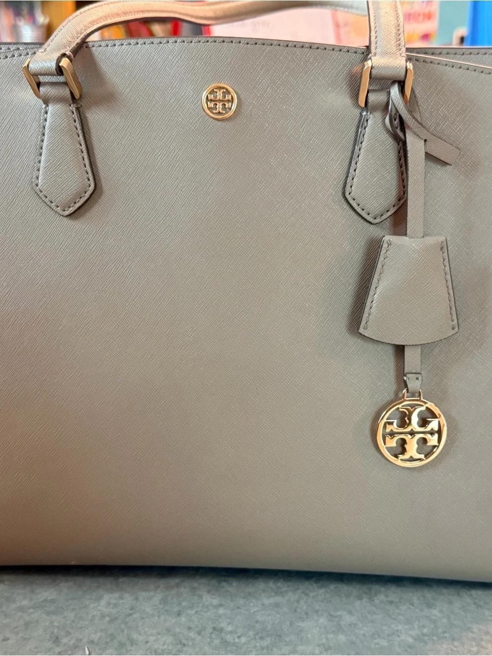 Tory Burch Taupe Saffiano Tote with Gold Logo Charm